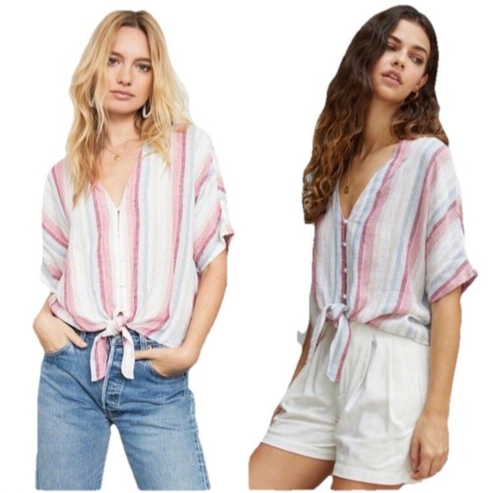 Rails Pink and White Striped Button-Front Tie Hem Blouse